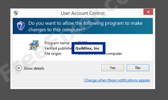 Screenshot where Quiklinx, Inc appears as the verified publisher in the UAC dialog
